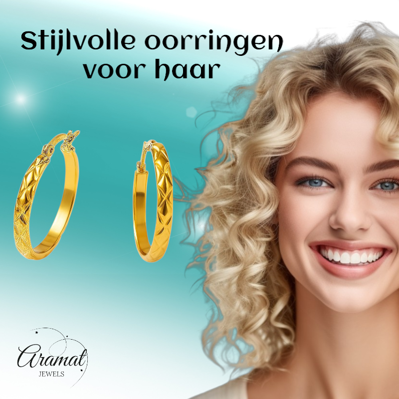 Creolen Ruitjes Goudkleur Staal –30mm