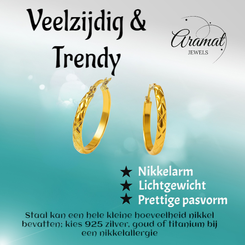 Creolen Ruitjes Goudkleur Staal –30mm