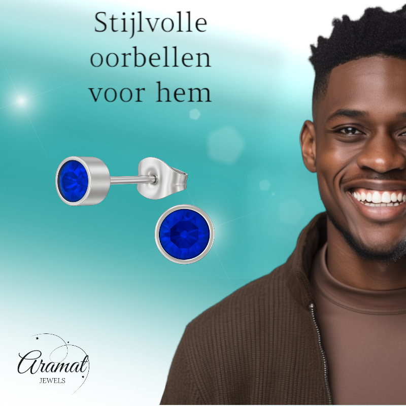 Donkerblauwe kristal oorstekers – 5mm zilver RVS
