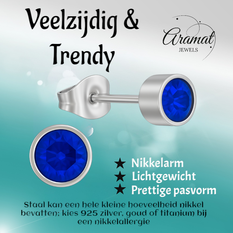 Donkerblauwe kristal oorstekers – 5mm zilver RVS