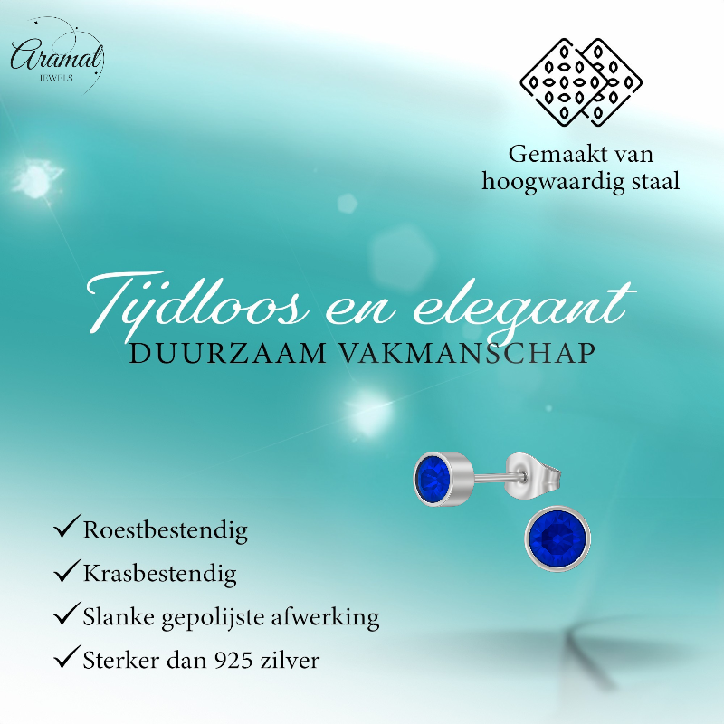 Donkerblauwe kristal oorstekers – 5mm zilver RVS