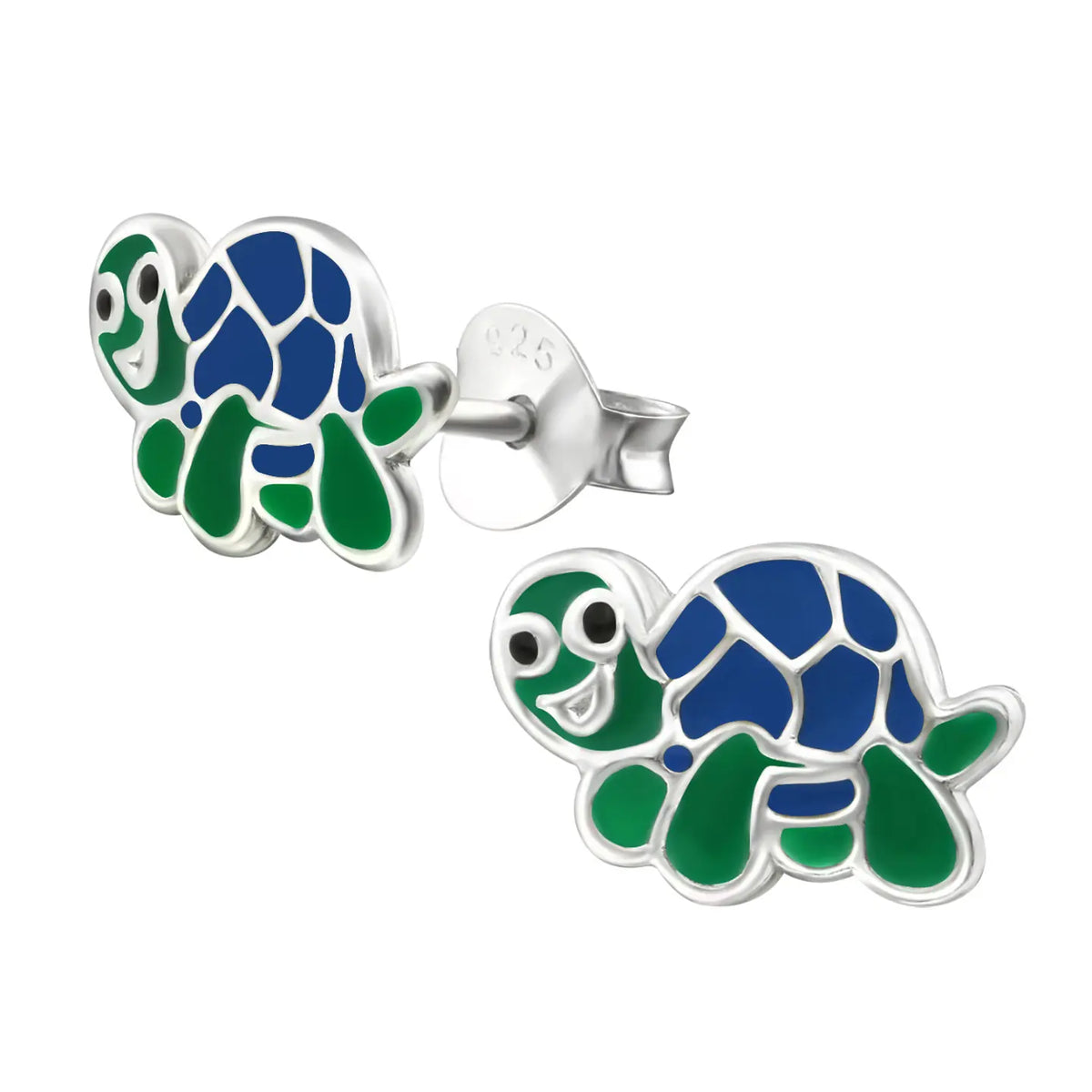 Een paar schildpad oorbellen met blauw en groen email