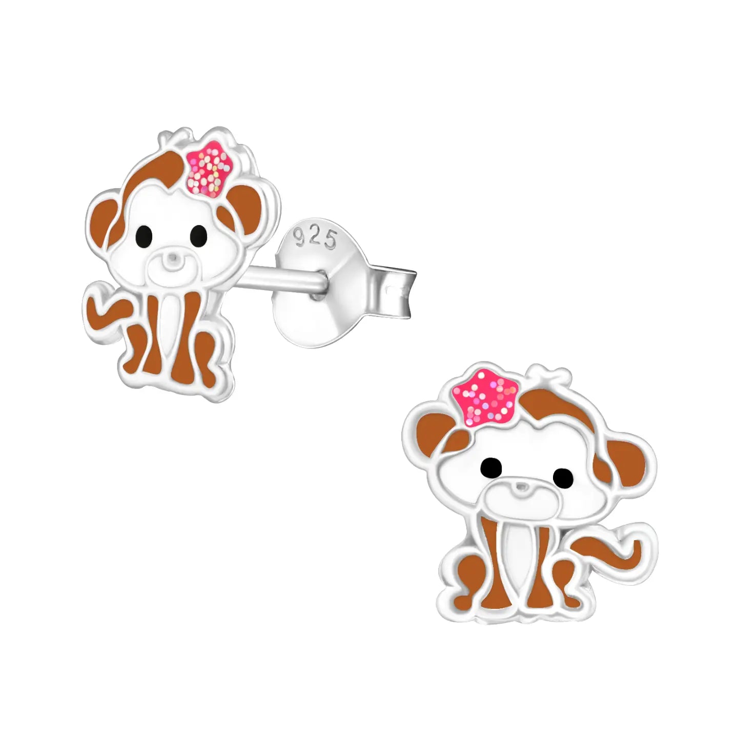 Schattige Puppy Oorbellen Met Roze Strikken Voor Kinderen - Zilveren Kinder Oorbellen Aap
