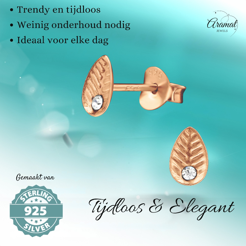 Zilveren Blaadje Oorbellen Rosé/Kristal – 6x4mm