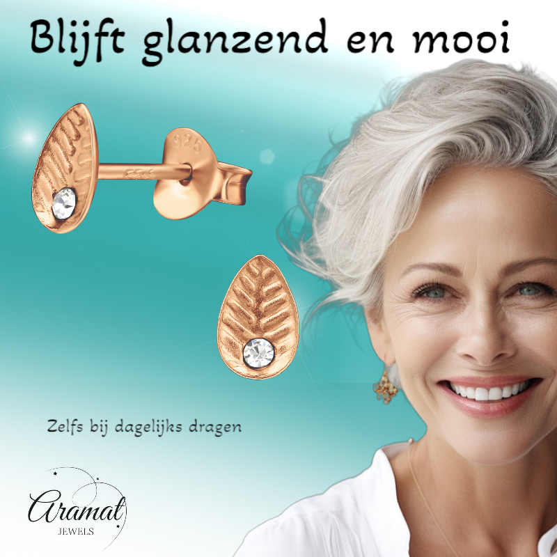 Zilveren Blaadje Oorbellen Rosé/Kristal – 6x4mm