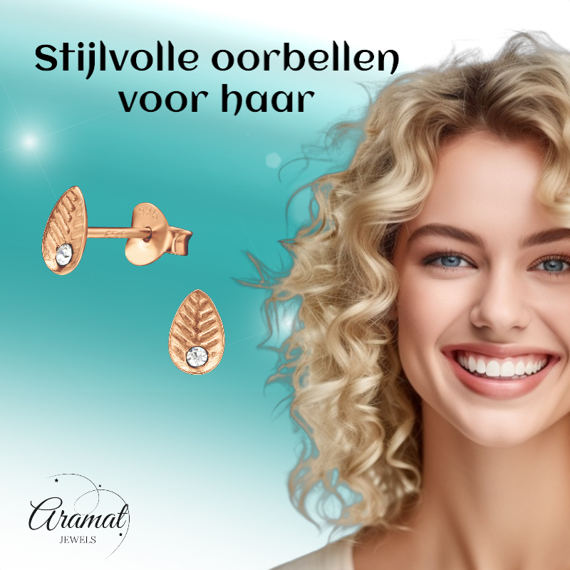 Zilveren Blaadje Oorbellen Rosé/Kristal – 6x4mm