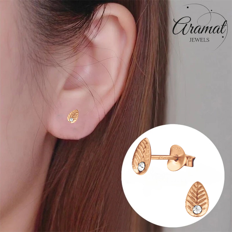 Zilveren Blaadje Oorbellen Rosé/Kristal – 6x4mm