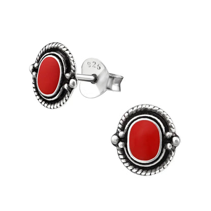 Rode En Zwarte Oorbellen Met Zilveren Accenten, Zilveren Bali Oorbellen