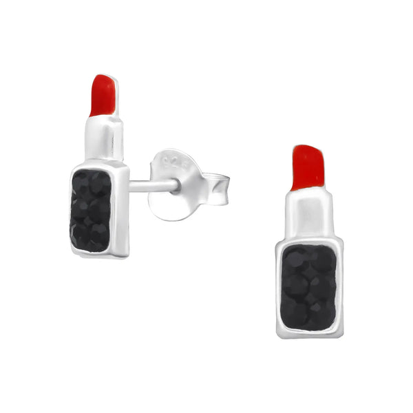 Oorbellen Lippenstift Rood Zwart Kristal 925 Zilver 4mm x
