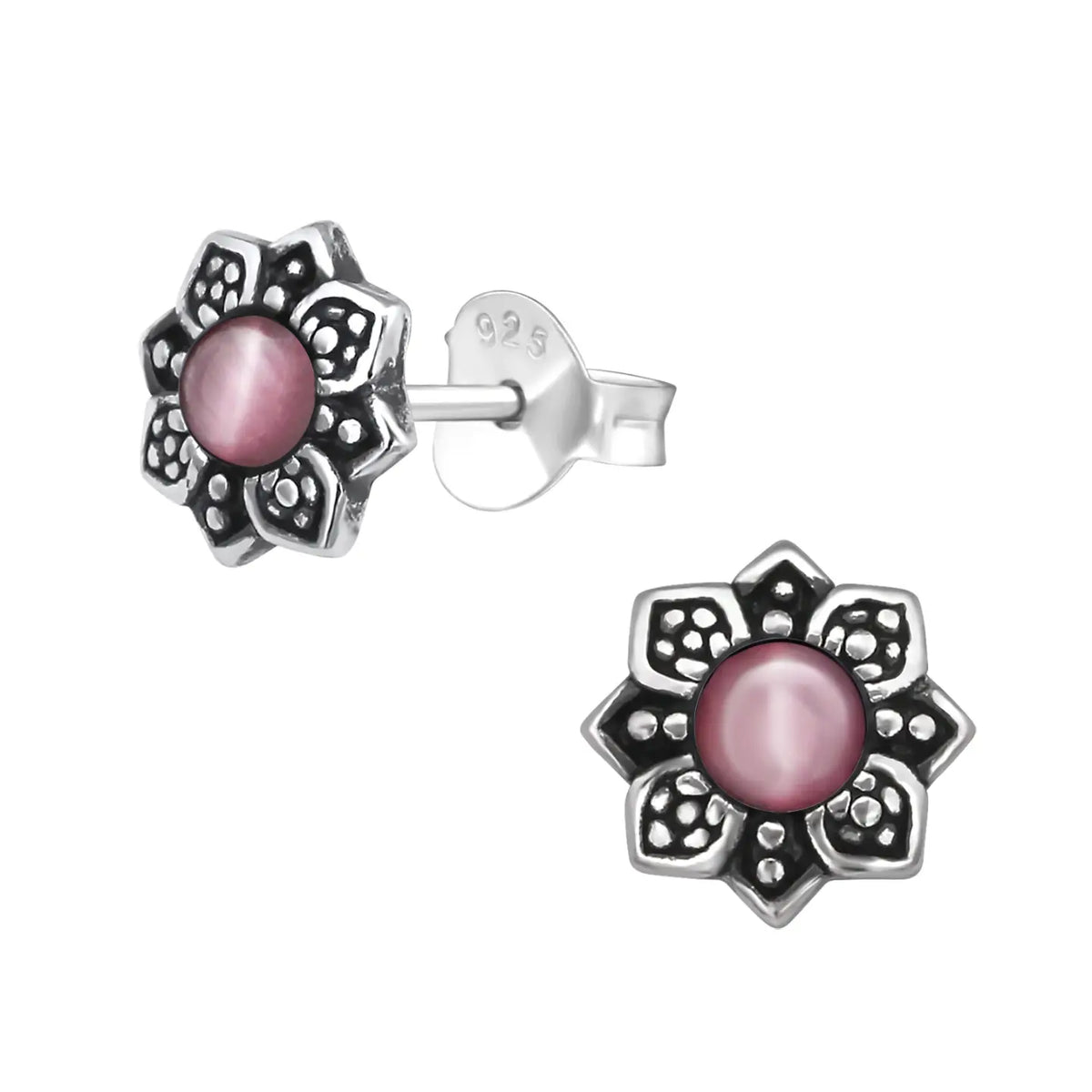 Bloem Oorknopjes met Cat Eye Steen - Zilveren Sieraden Donker Roze | Oorbellen