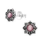 Bloem Oorknopjes met Cat Eye Steen - Zilveren Sieraden Donker Roze | Oorbellen