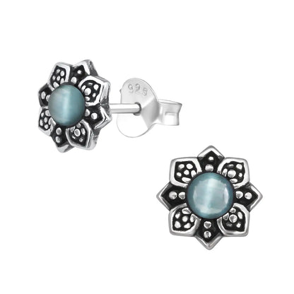 Sterling Silver And Blue Opal Flower Stud Earrings - Bloem Oorbellen Cat Eye 925 Zilver