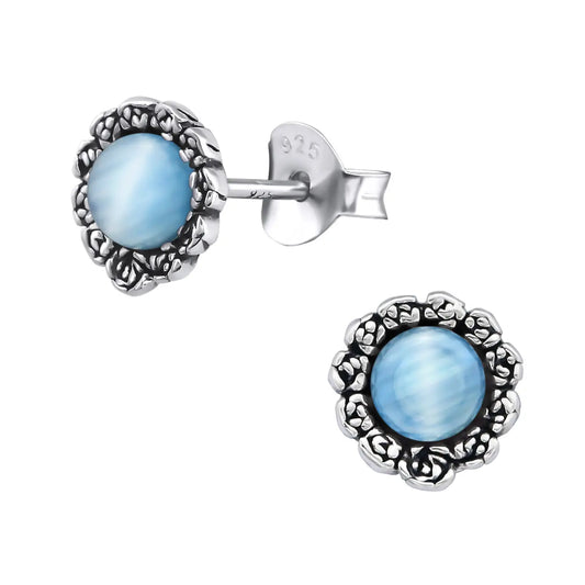 Zilveren Bloem Oorbellen Met Blauwe Ope, ’prachtige Zilveren Bloem Oorbellen Met Kattenoog’