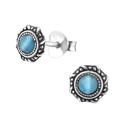 Sterling Silver And Blue Cats Eye Stud Earrings - Zilveren Kattenoog Oorbellen