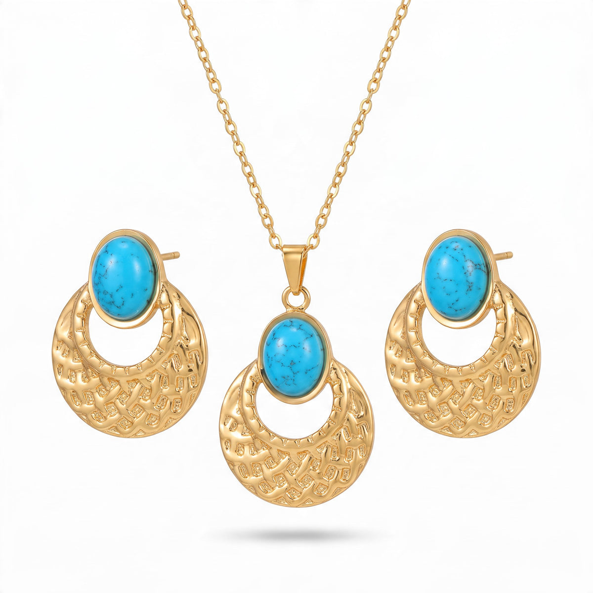 RVS boho sieradenset blauwe steen – Bloemen, ketting 45 cm