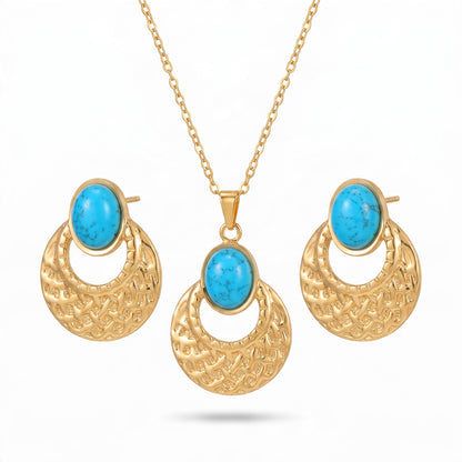 RVS boho sieradenset blauwe steen – Bloemen, ketting 45 cm