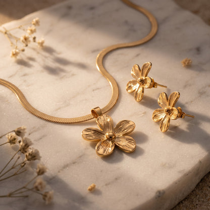 RVS Sieradenset Bloem Goudkleurig – Platte Ketting 40cm