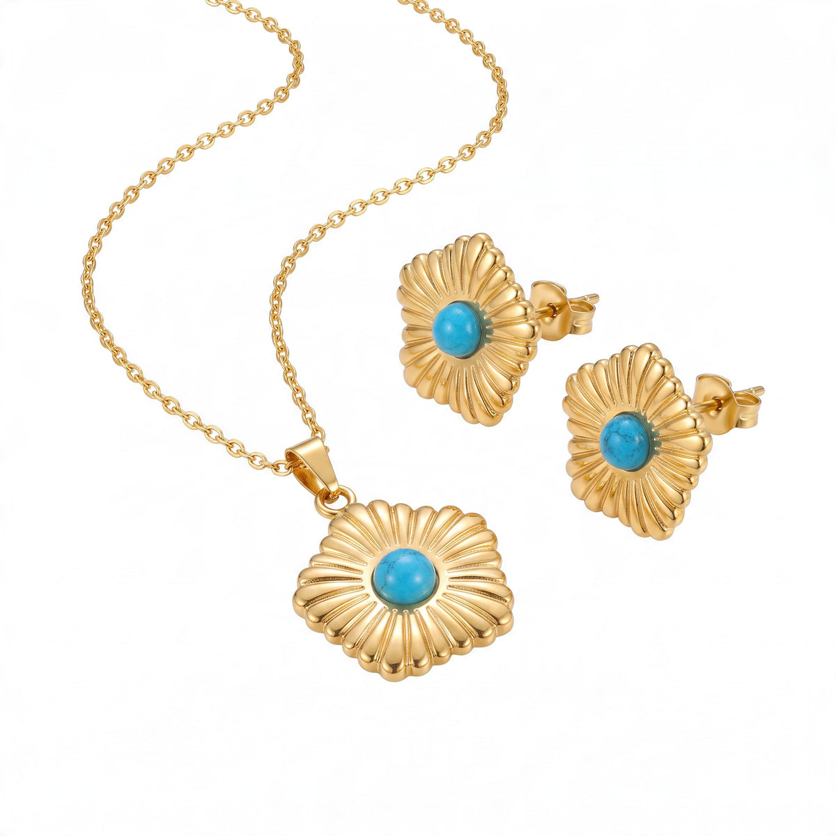 RVS bloemen sieradenset met blauwe steen – Ketting 45 cm