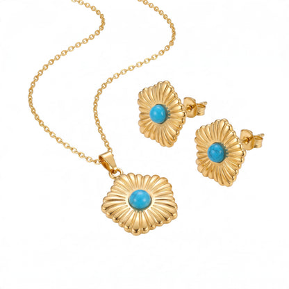 RVS bloemen sieradenset met blauwe steen – Ketting 45 cm