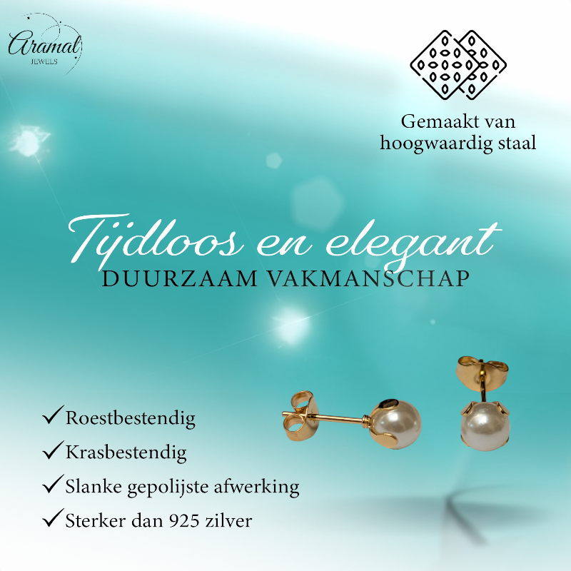 Goudkleurige Stalen Parel Oorbellen 6mm