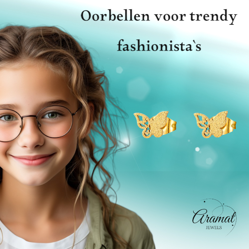 Matte vlinder oorbellen goudkleurig RVS 8mm