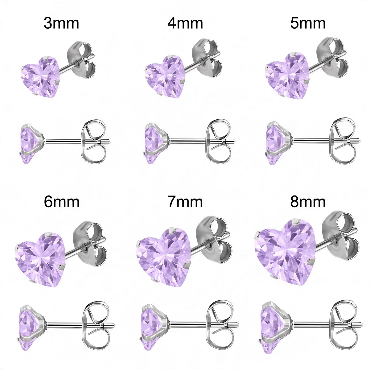 RVS hartjes oorstekers lila zirkonia – 3-8 mm