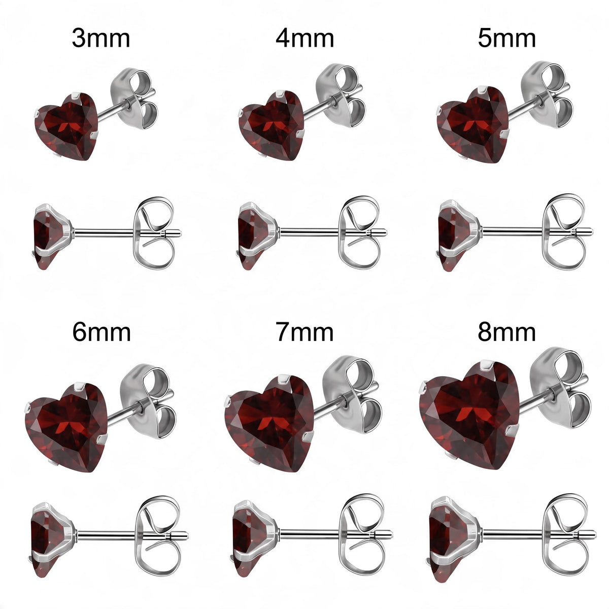RVS hartjes oorstekers donkerrode zirkonia – 3-8 mm