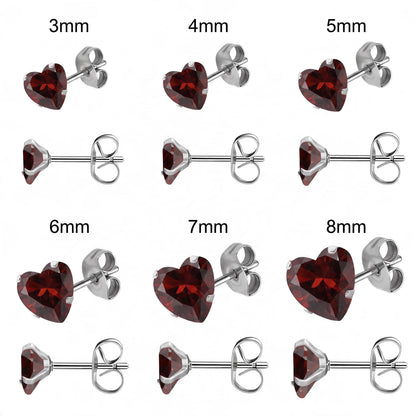 RVS hartjes oorstekers donkerrode zirkonia – 3-8 mm