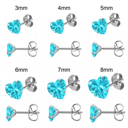 RVS hartjes oorstekers aqua blauwe zirkonia – 3-8 mm