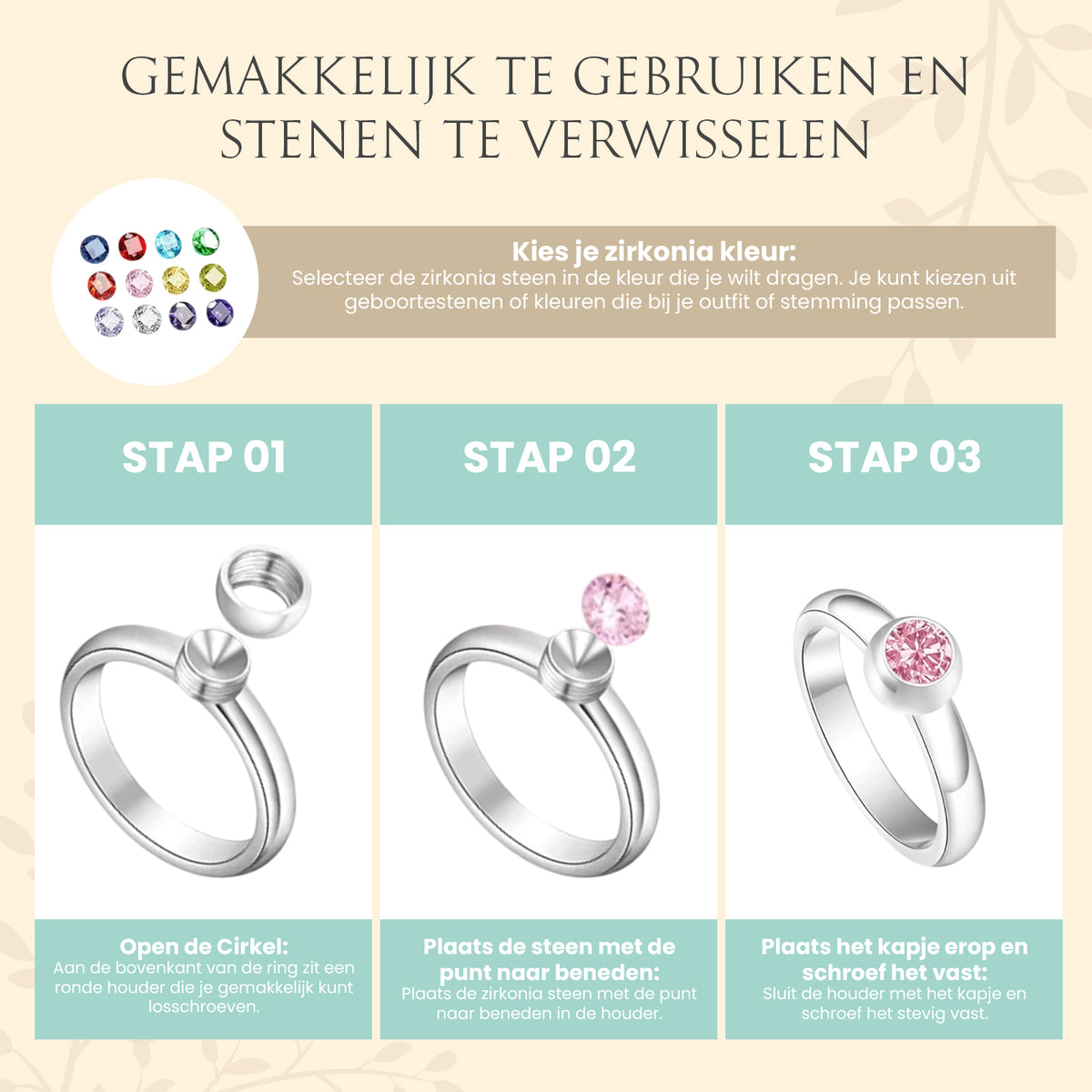 Stalen Ring met Verwisselbare Zirkonia – Rvs | Ringen