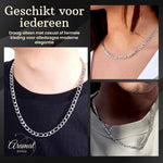 Zilveren kettingketting getoond in drie verschillende stylingvoorbeelden.