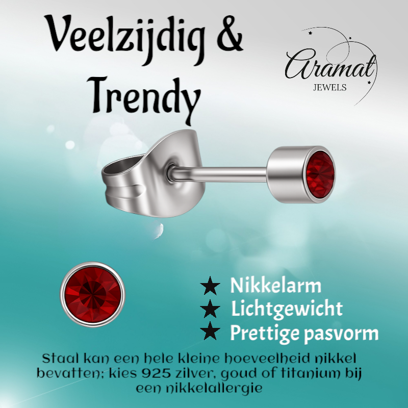 Mini oorstekers granaatrood kristal – 3mm RVS