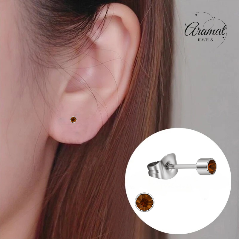 Mini oorstekers topaasbruin kristal – 3mm RVS