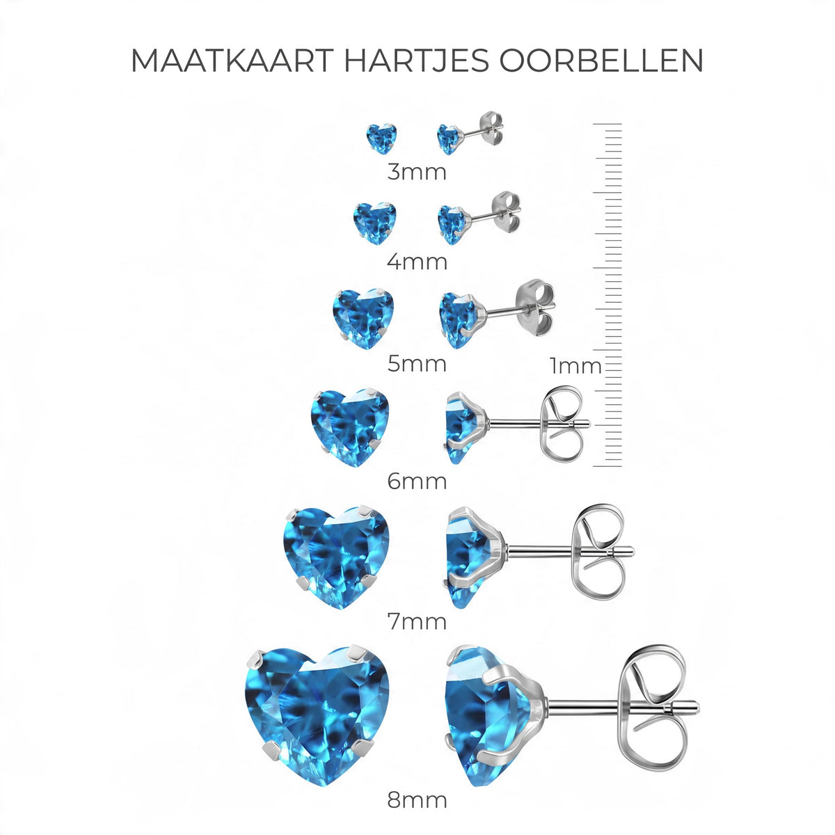 RVS hartjes oorstekers aqua blauwe zirkonia – 3-8 mm