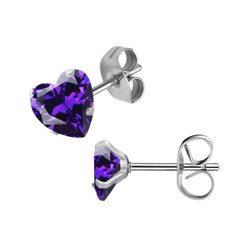 RVS hartjes oorstekers paarse zirkonia – 3-8 mm