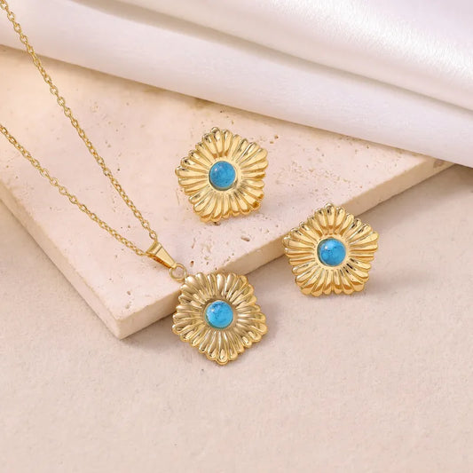 RVS bloemen sieradenset met blauwe steen – Ketting 45 cm