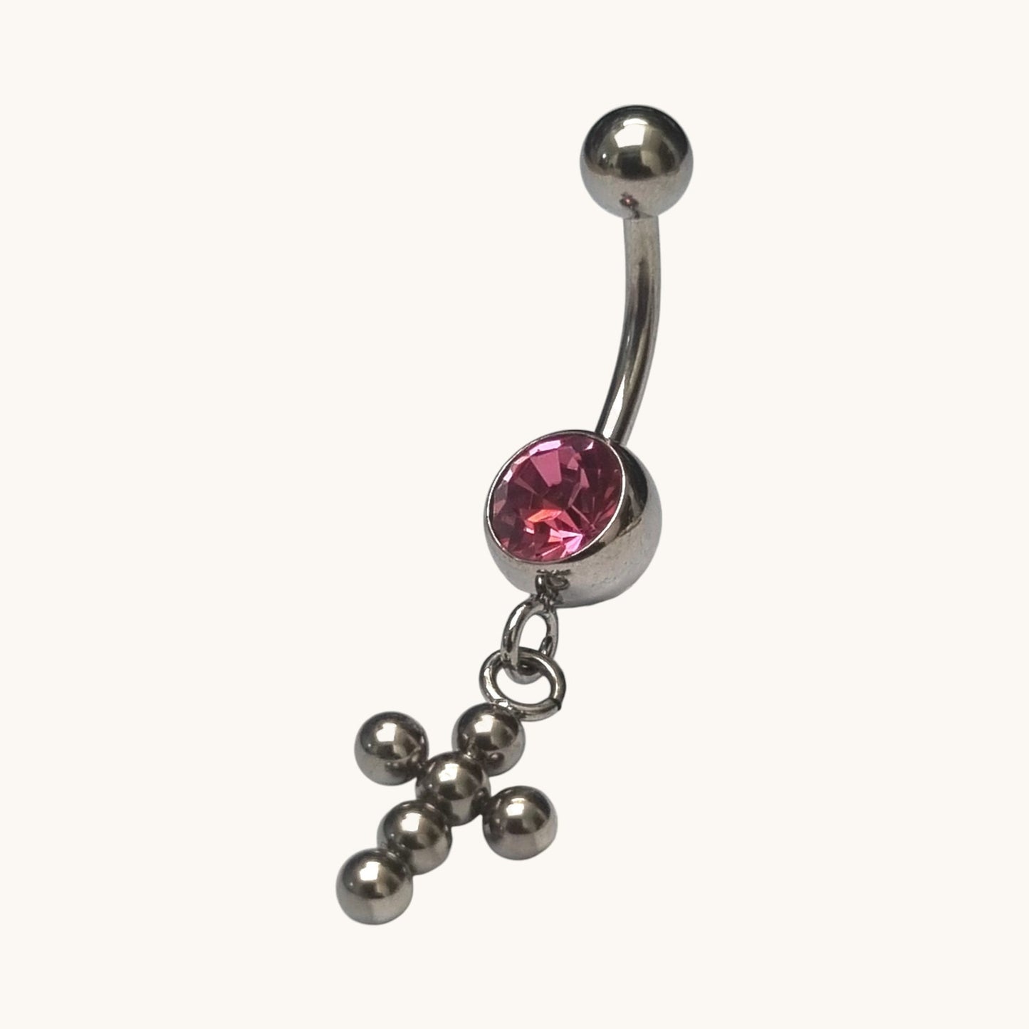 Pink Zirconia Steel Navel Piercing with Cross