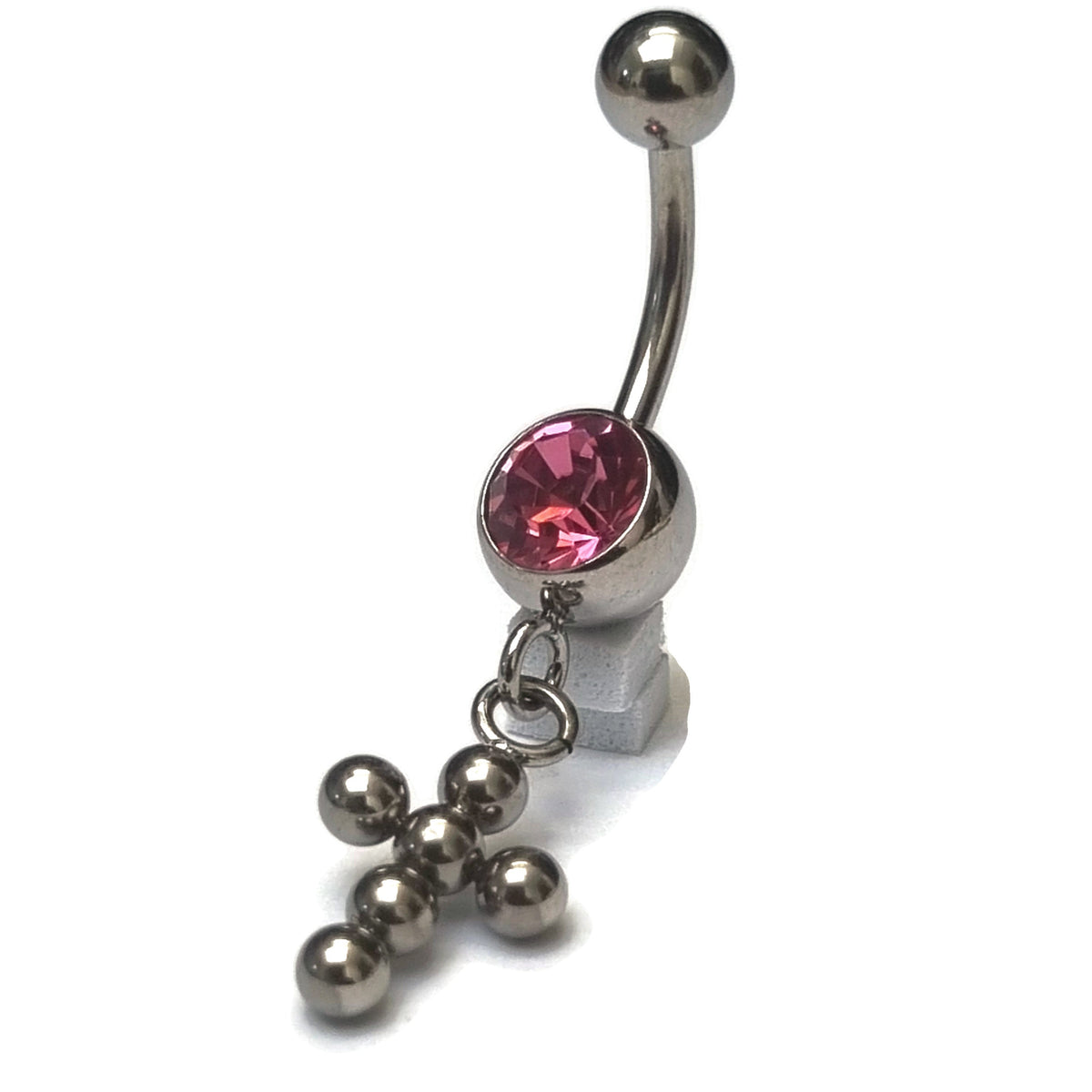 Stalen Navelpiercing Met Roze Zirkonia En Zilverkleurige Bolletjes