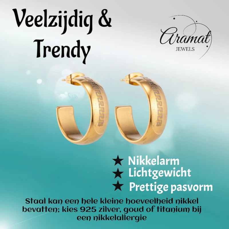 Oorbellen – 22mm Half-Hoop Grieks Motief RVS Goudkleur Dame