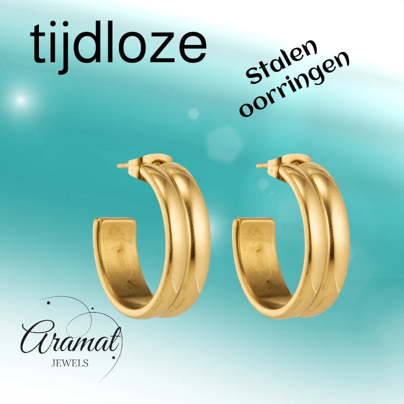 Oorbellen – 23mm Half-Hoop 2 Strepen RVS Goudkleur Dames