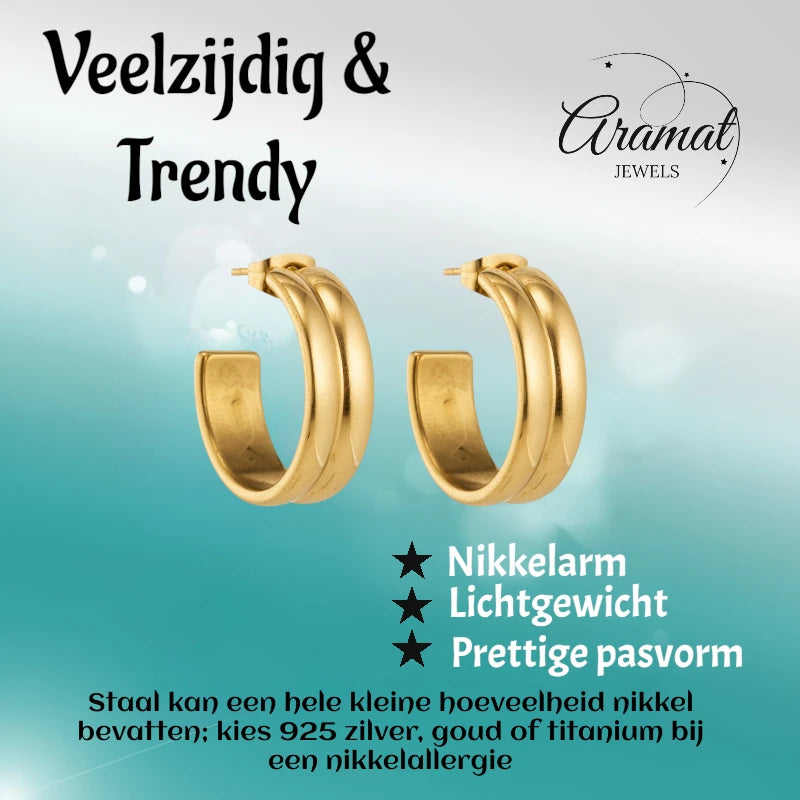 Oorbellen – 23mm Half-Hoop 2 Strepen RVS Goudkleur Dames