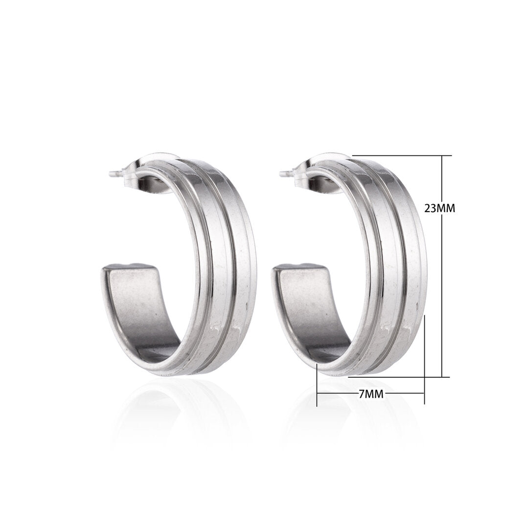 Oorbellen – 23mm Half-Hoop 2 Strepen RVS Zilverkleur Dames