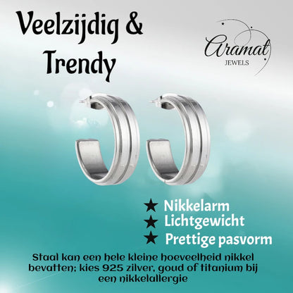 Oorbellen – 23mm Half-Hoop 2 Strepen RVS Zilverkleur Dames