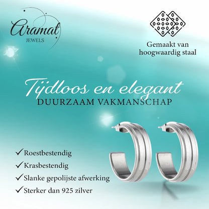 Oorbellen – 23mm Half-Hoop 2 Strepen RVS Zilverkleur Dames