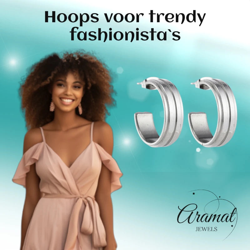 Oorbellen – 23mm Half-Hoop 2 Strepen RVS Zilverkleur Dames