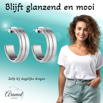 Oorbellen – 23mm Half-Hoop 2 Strepen RVS Zilverkleur Dames