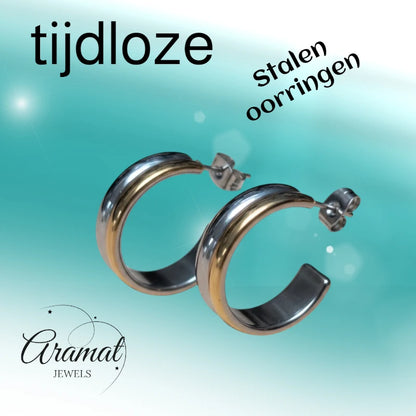 Oorbellen – 23mm Half-Hoop Bicolor RVS Goud/Zilverkleur Dames