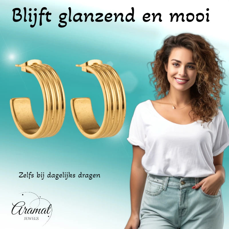 Oorbellen – 23mm Half-Hoop Streeprelief RVS Goudkleur Dames