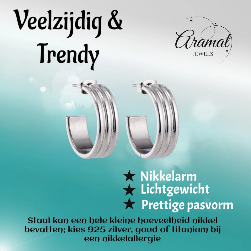 Oorbellen – 23mm Half-Hoop Streeprelief op RVS Zilverkleur