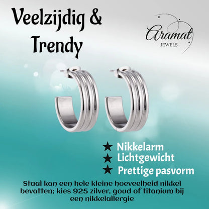 Oorbellen – 23mm Half-Hoop Streeprelief op RVS Zilverkleur